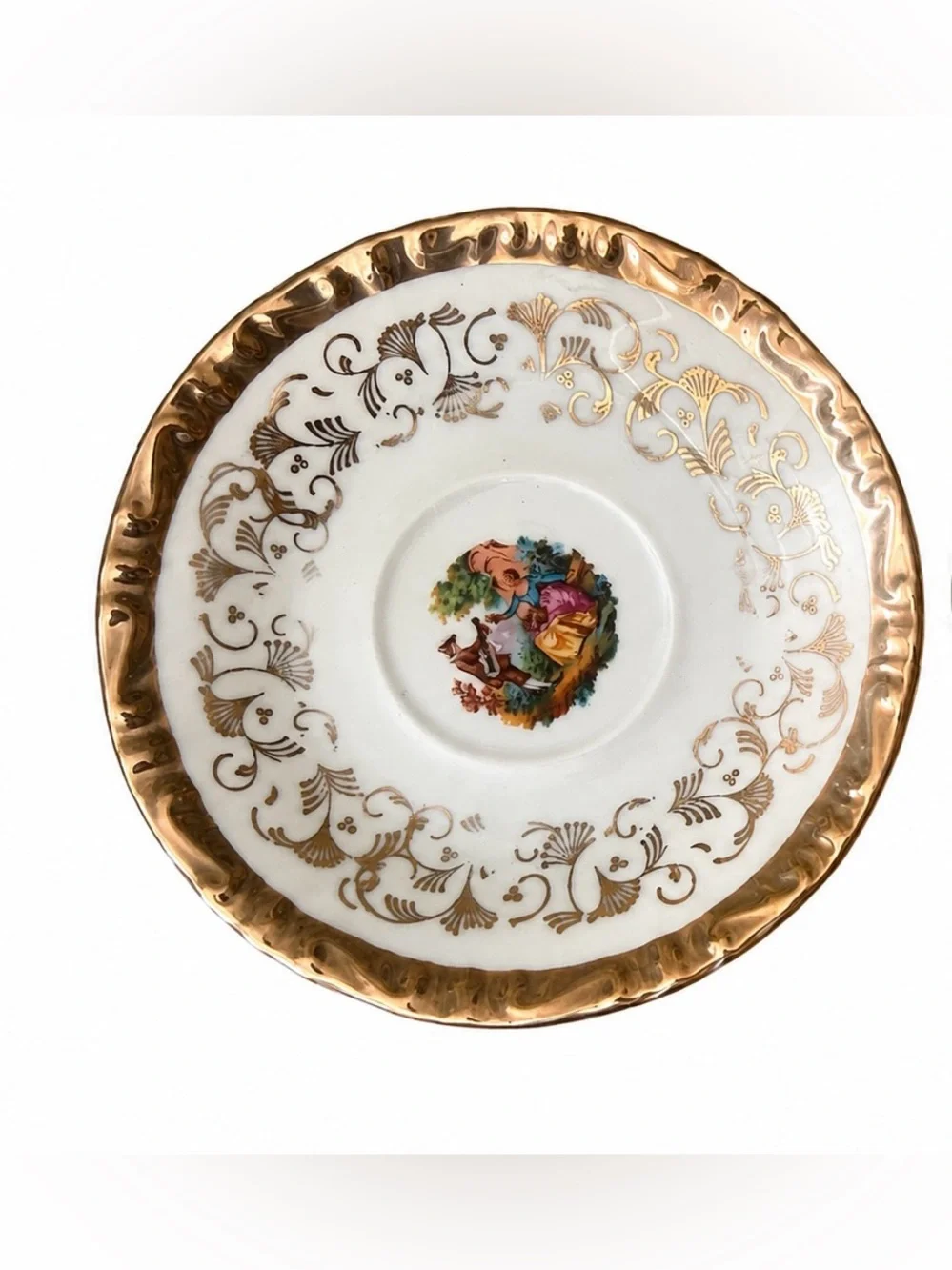 Vintage courting couple porcelain saucers set of 2 god filigree fragonard style